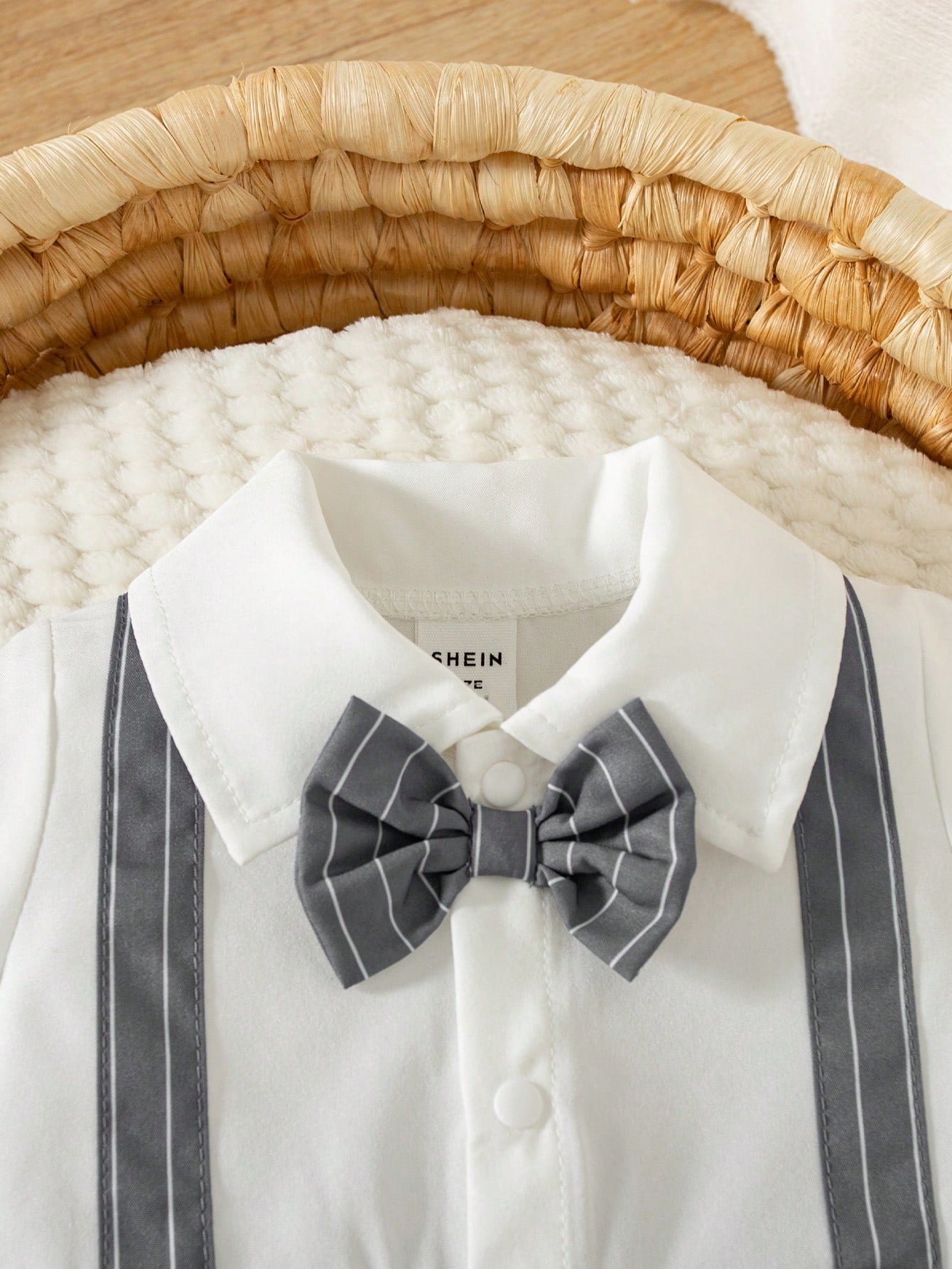 Baby Boys Pinstripe Bow Tie Gentleman Romper - Slate | 21 Century Kids
