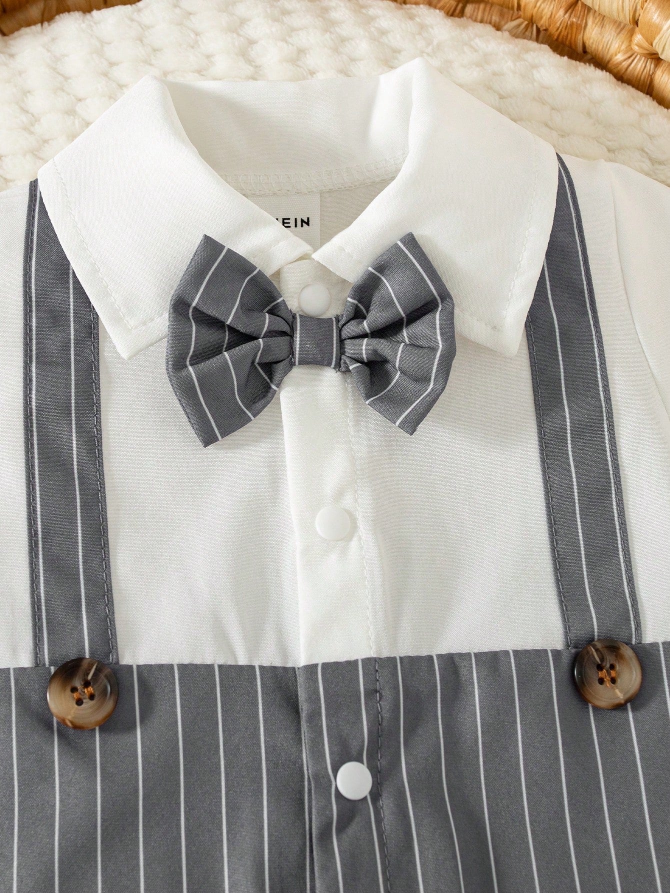 Baby Boys Pinstripe Bow Tie Gentleman Romper - Slate | 21 Century Kids