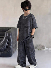 2pcs Big Boys Leaf Print Tee & Wide-Leg Pants Set - Graphite | 21 C...