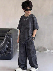 2pcs Big Boys Leaf Print Tee & Wide-Leg Pants Set - Graphite | 21 C...