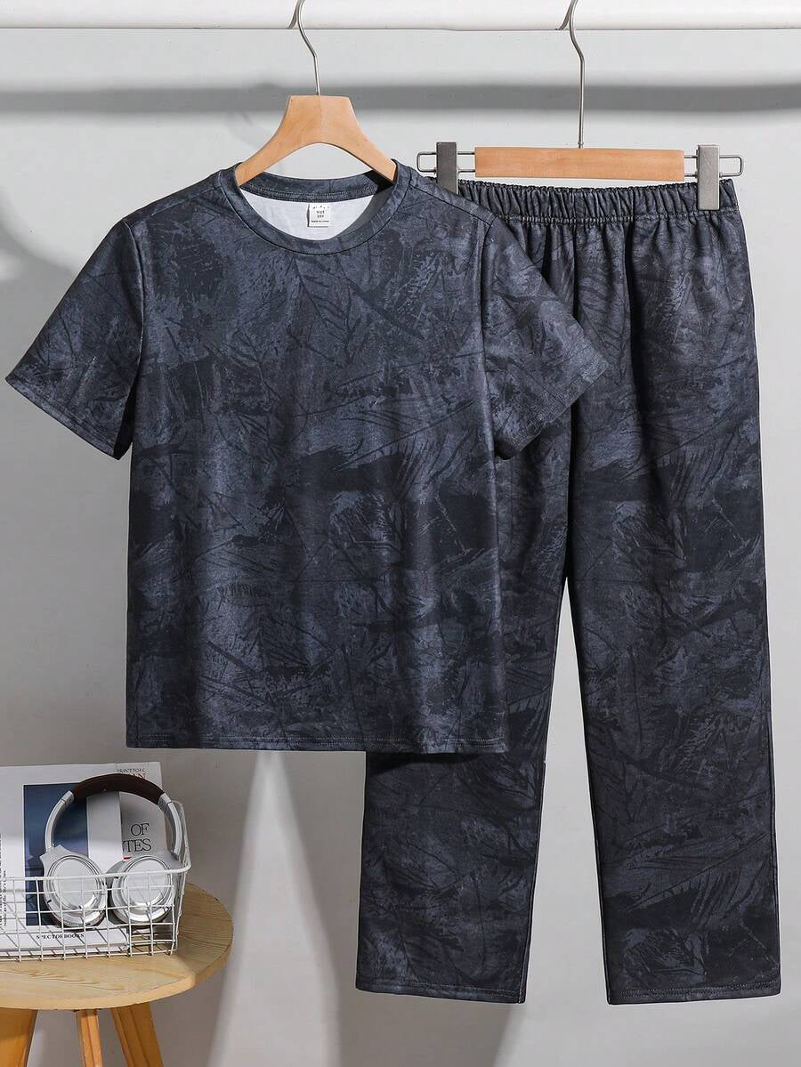 2pcs Big Boys Leaf Print Tee & Wide-Leg Pants Set - Graphite | 21 C...