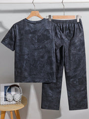 2pcs Big Boys Leaf Print Tee & Wide-Leg Pants Set - Graphite | 21 C...