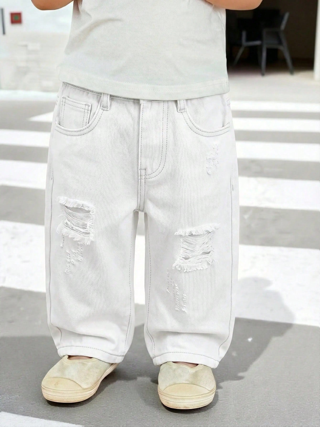 Boys Distressed Wide-Leg Denim Jeans - Ecru | 21 Century Kids
