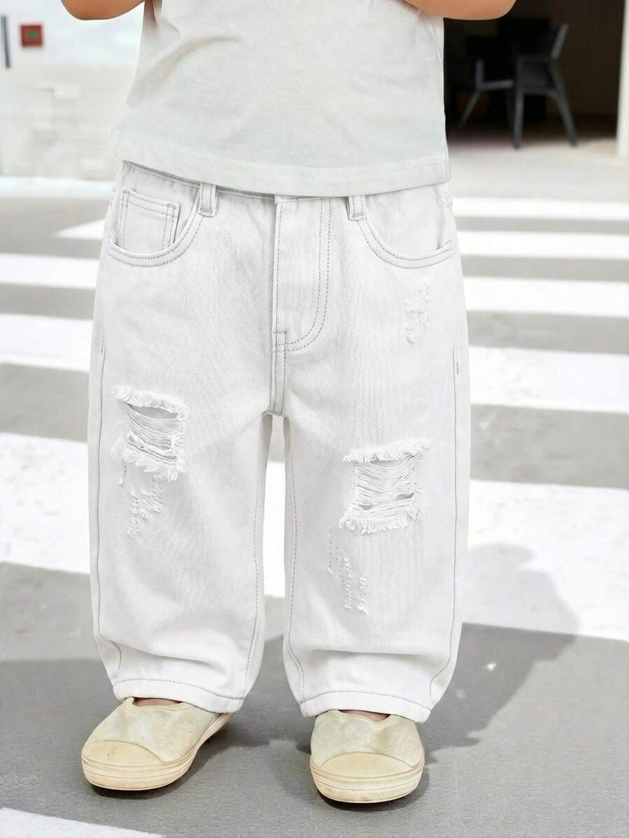 Boys Distressed Wide-Leg Denim Jeans - Ecru | 21 Century Kids