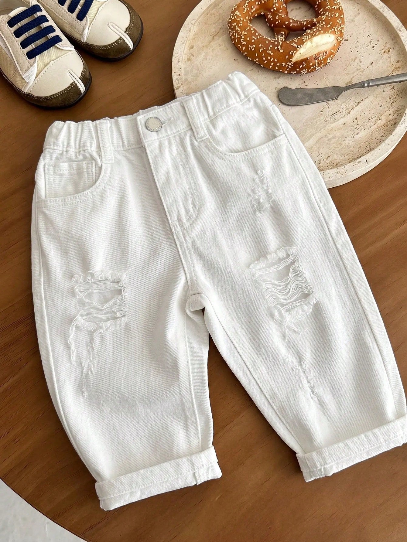 Boys Distressed Wide-Leg Denim Jeans - Ecru | 21 Century Kids