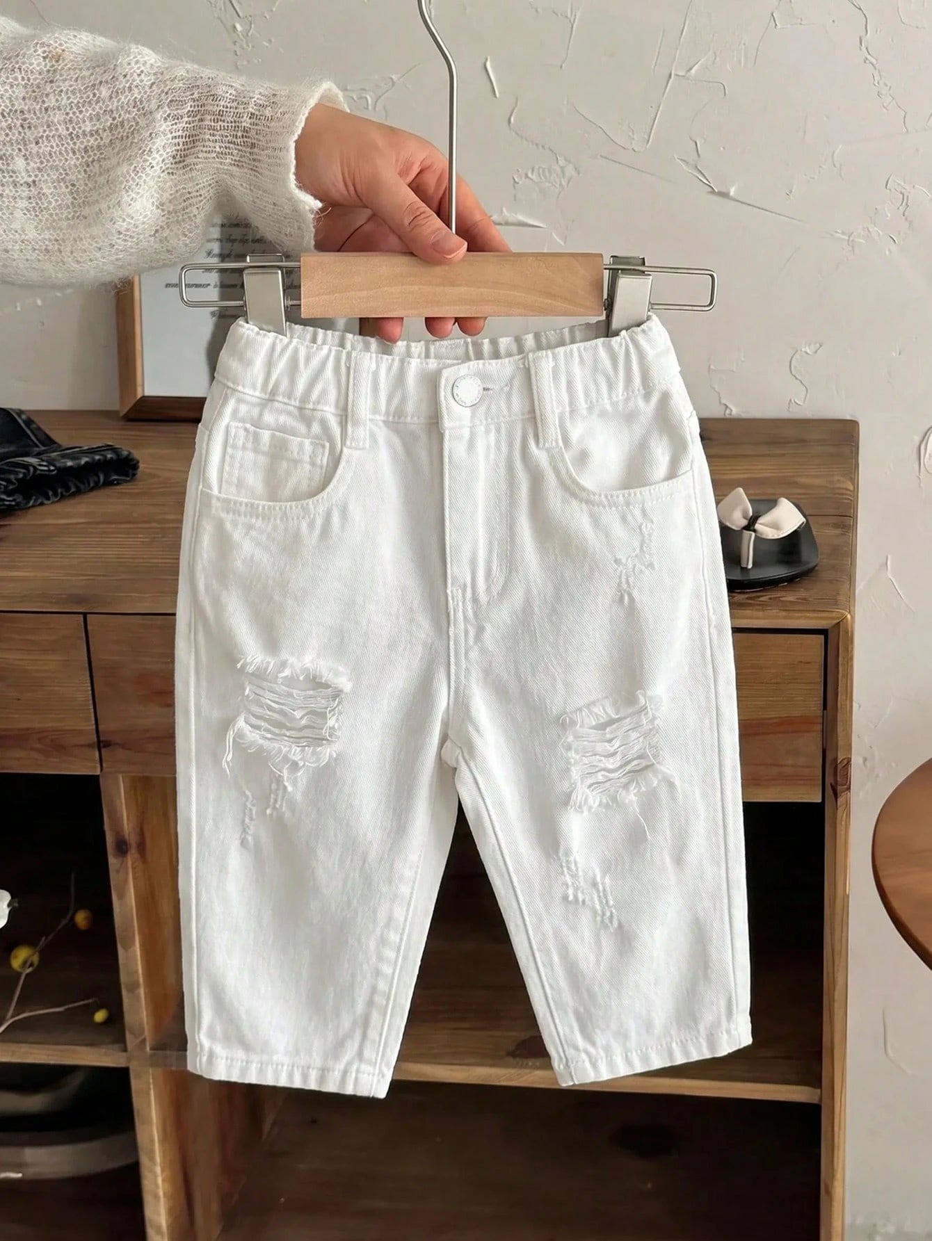 Boys Distressed Wide-Leg Denim Jeans - Ecru | 21 Century Kids