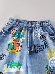 2pcs Boys Graffiti Bear Graphic Tee & Denim Shorts Set - Buttercup ...