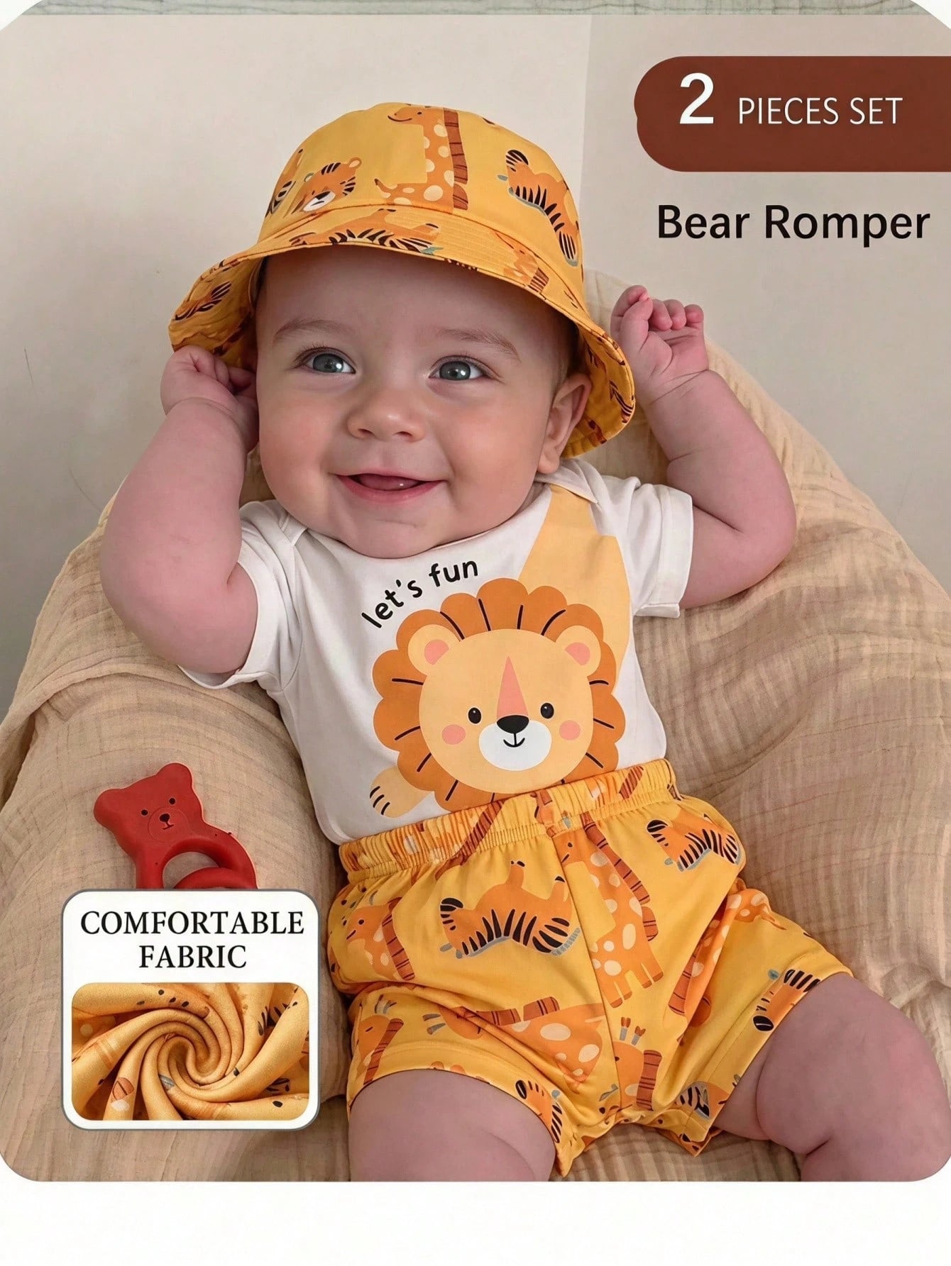 2pcs Baby Boys Lion Print Bodysuit & Shorts Set - Ochre | 21 Centur...