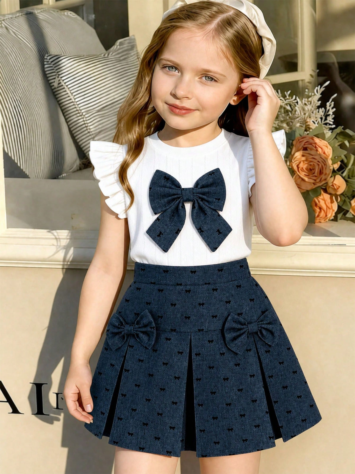 2pcs Little Girls Ruffle Sleeve Bow Top & Pleated Skirt Set - Ivory...