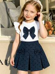 2pcs Little Girls Ruffle Sleeve Bow Top & Pleated Skirt Set - Ivory...