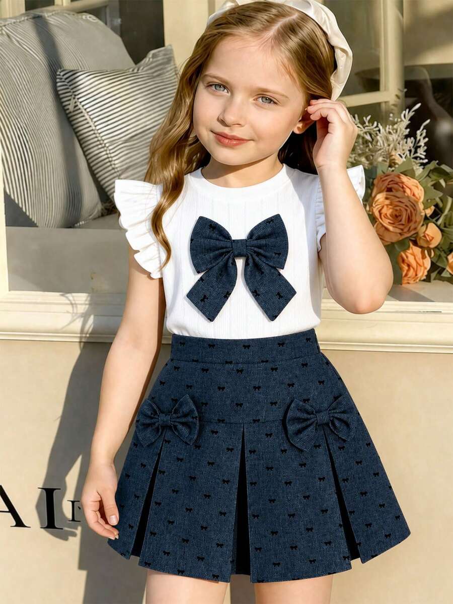 2pcs Little Girls Ruffle Sleeve Bow Top & Pleated Skirt Set - Ivory...