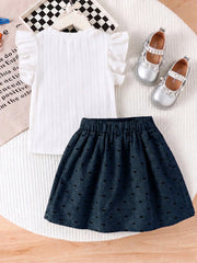 2pcs Little Girls Ruffle Sleeve Bow Top & Pleated Skirt Set - Ivory...