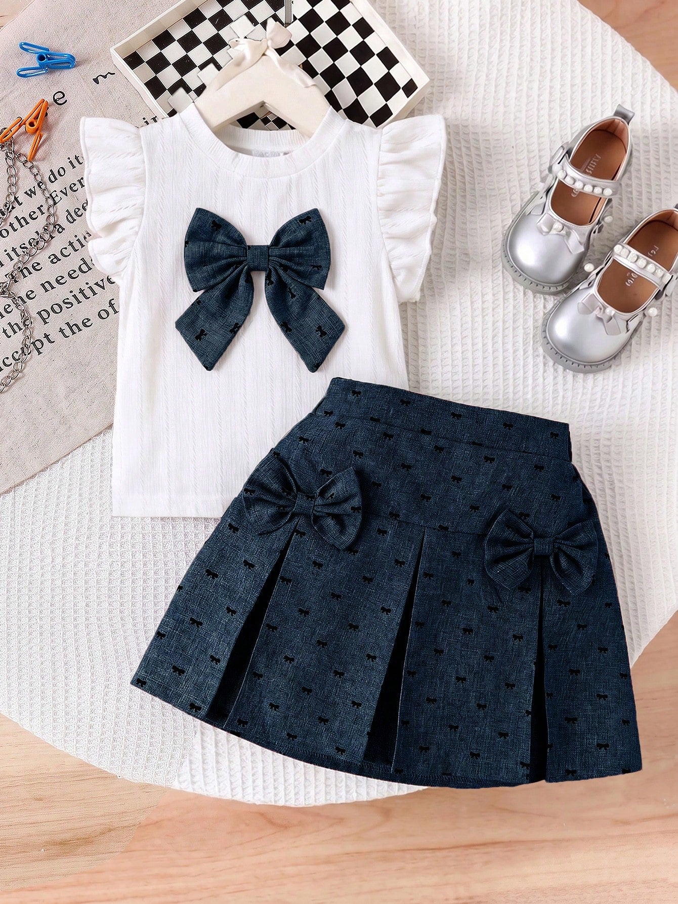 2pcs Little Girls Ruffle Sleeve Bow Top & Pleated Skirt Set - Ivory...