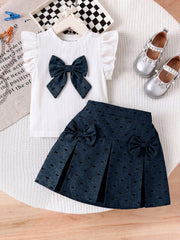 2pcs Little Girls Ruffle Sleeve Bow Top & Pleated Skirt Set - Ivory...