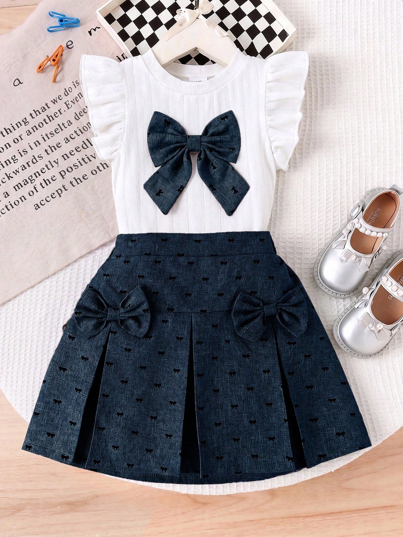 2pcs Little Girls Ruffle Sleeve Bow Top & Pleated Skirt Set - Ivory...