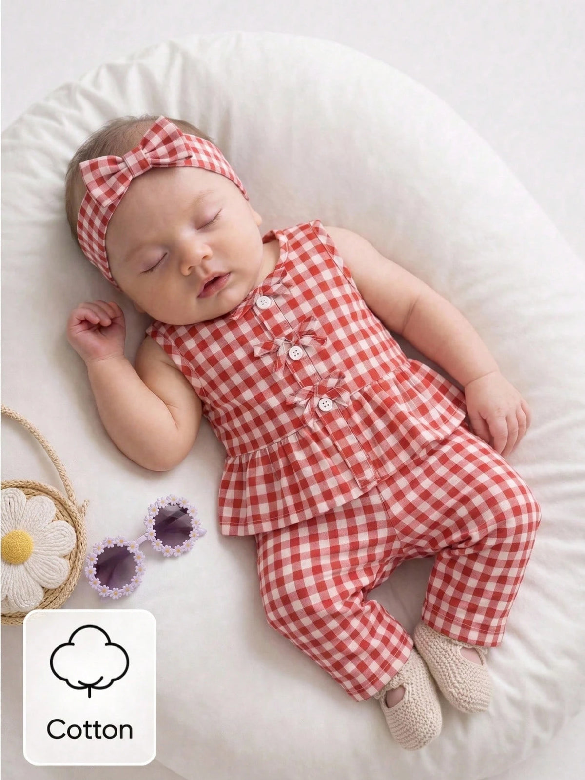 2pcs Baby Girls Gingham Ruffle Peplum Top & Pants Set - Scarlet | 2...