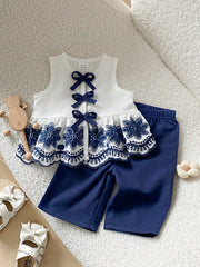 2pcs Baby Girls Bow Lace-Up Peplum Top & Shorts Set - Ivory | 21 Ce...
