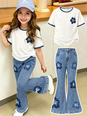 2pcs Little Girls Hibiscus Embroidered Tee & Flare Jeans Set - Ivor...