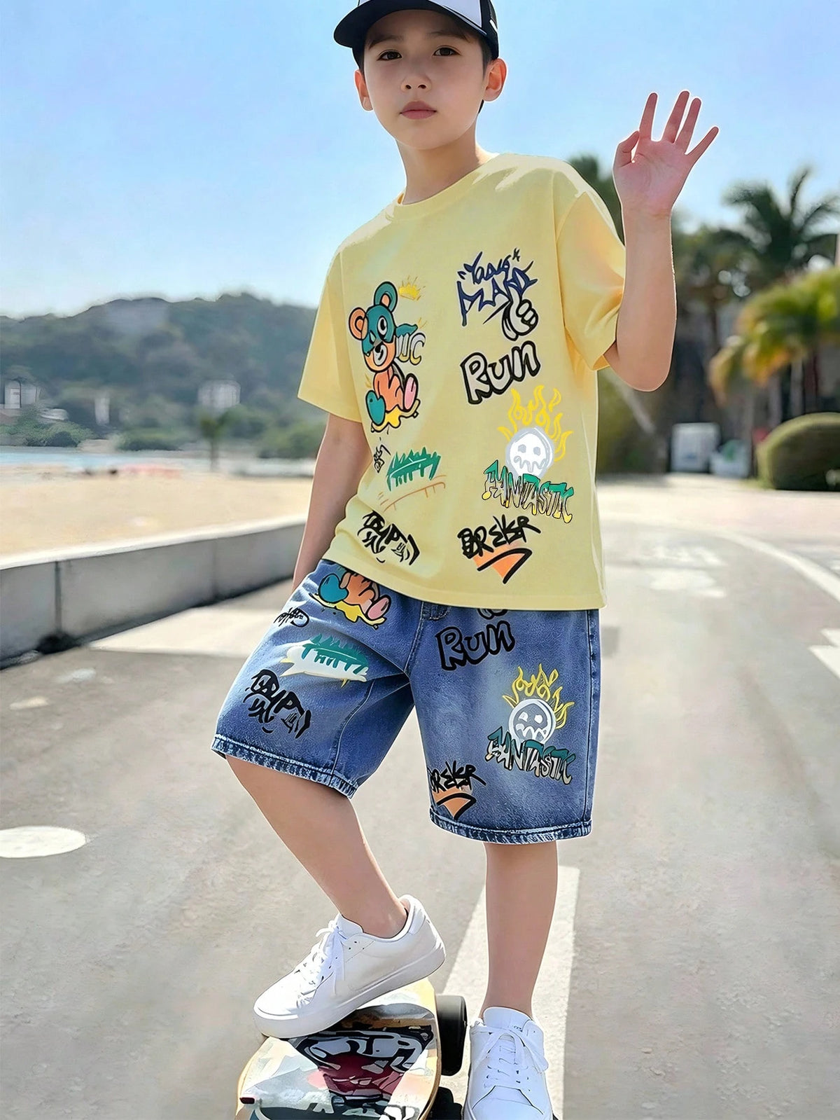 2pcs Boys Graffiti Bear Graphic Tee & Denim Shorts Set - Buttercup ...