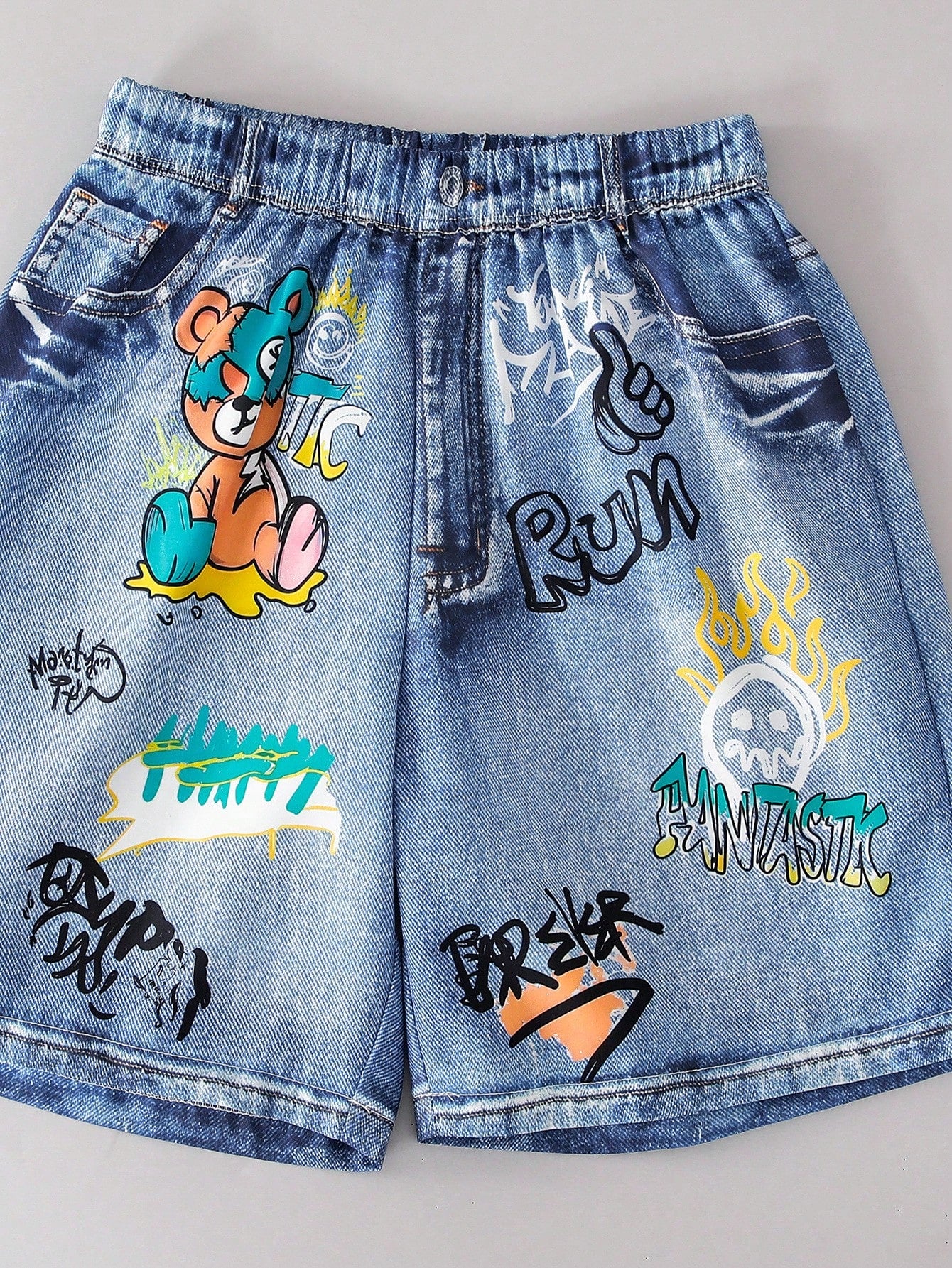 2pcs Boys Graffiti Bear Graphic Tee & Denim Shorts Set - Buttercup ...