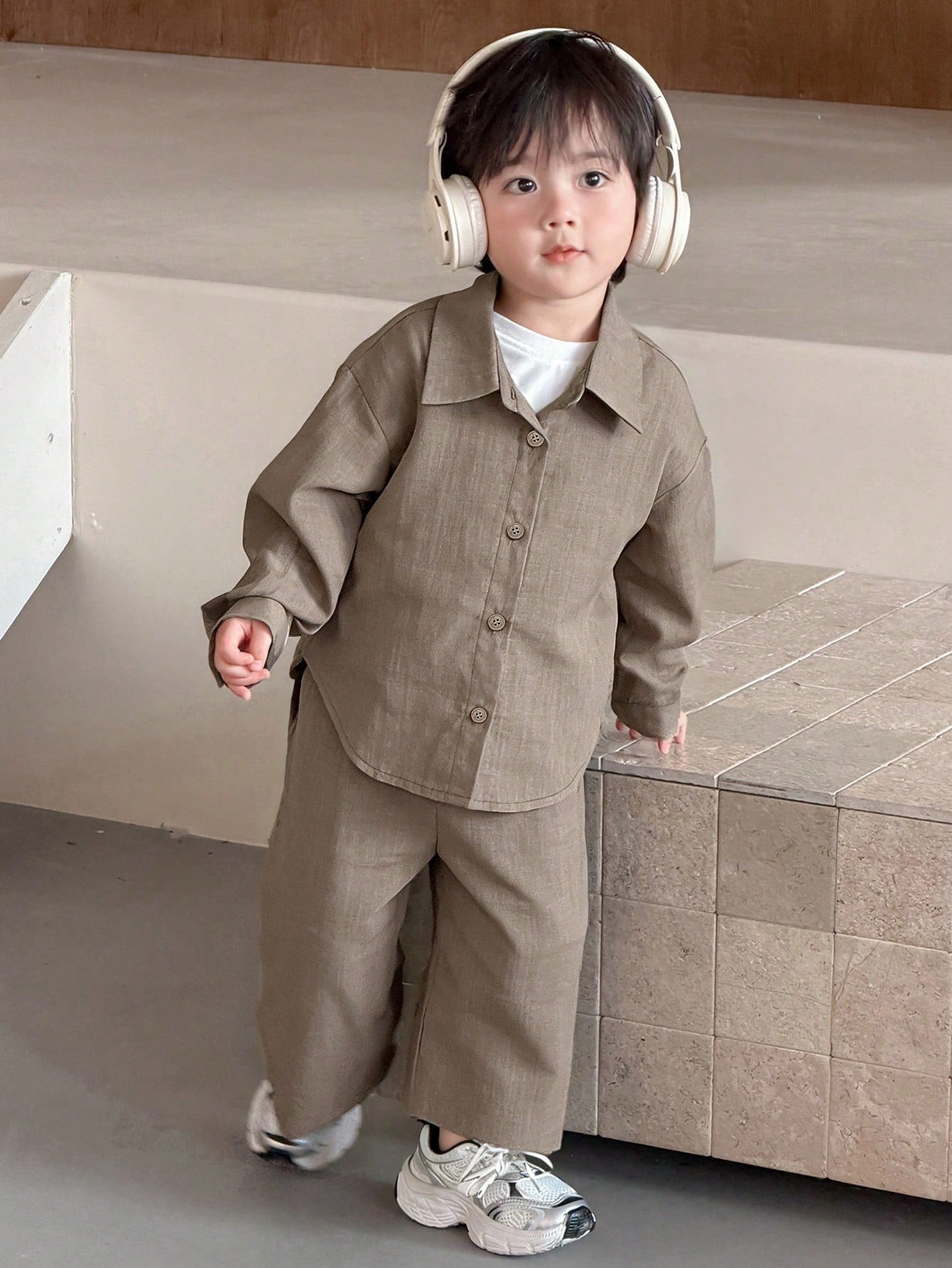 2pcs Boys Linen-Texture Shirt & Wide-Leg Trousers Set - Wenge | 21 ...
