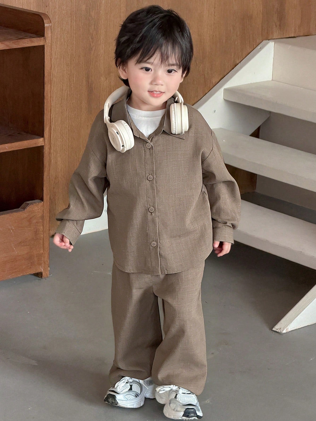 2pcs Boys Linen-Texture Shirt & Wide-Leg Trousers Set - Wenge | 21 ...