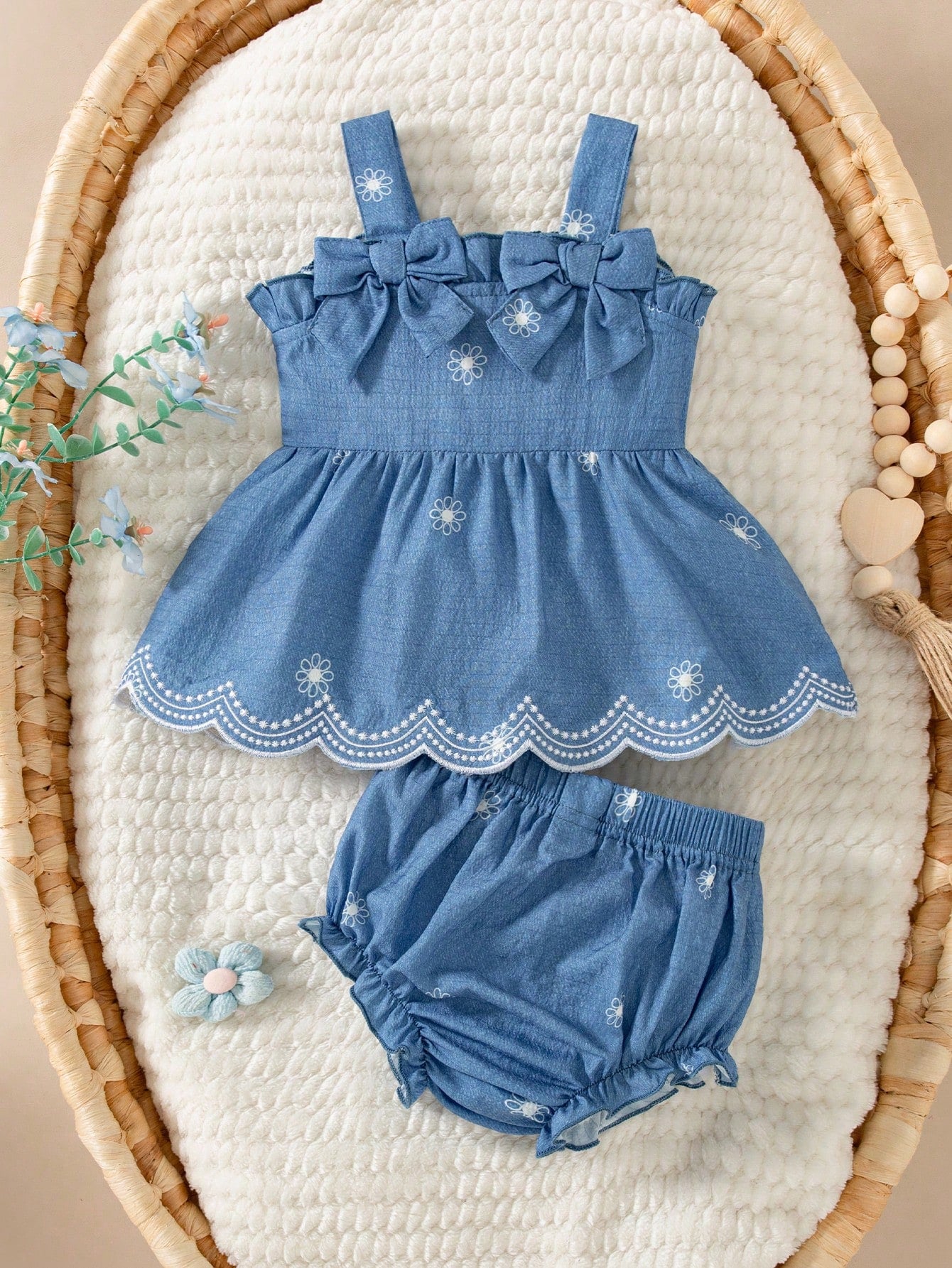 2pcs Baby Girls Daisy Embroidered Cami Top & Bloomer Set - Chambray...