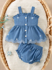 2pcs Baby Girls Daisy Embroidered Cami Top & Bloomer Set - Chambray...