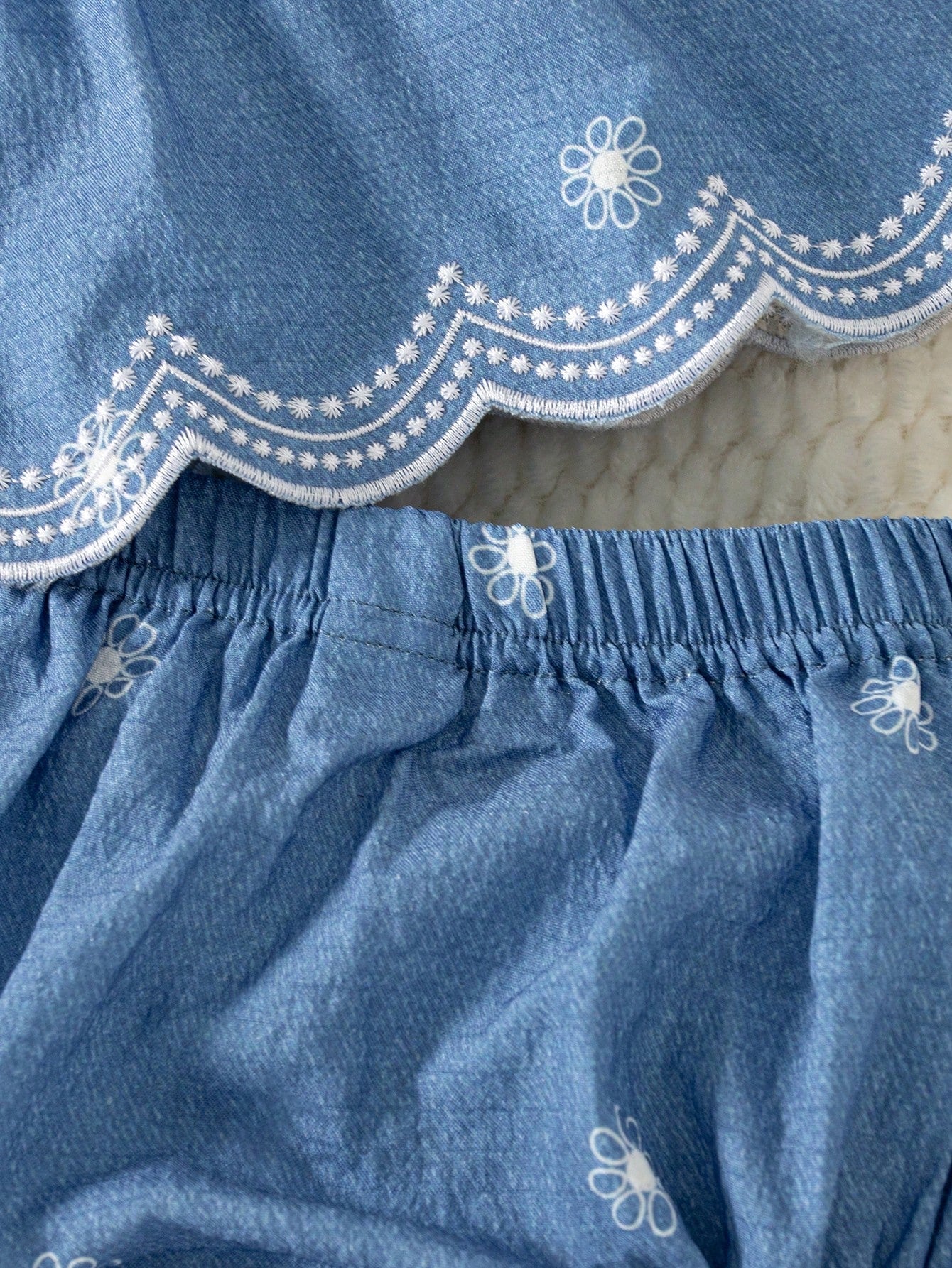 2pcs Baby Girls Daisy Embroidered Cami Top & Bloomer Set - Chambray...