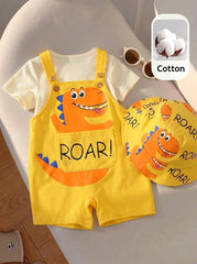 2pcs Unisex Dinosaur Print Tee & Short Dungaree Set - Buttercup