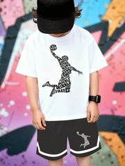 2pcs Big Boys Basketball Typographic Graphic Tee & Shorts Set - Ivo...