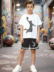 2pcs Big Boys Basketball Typographic Graphic Tee & Shorts Set - Ivo...