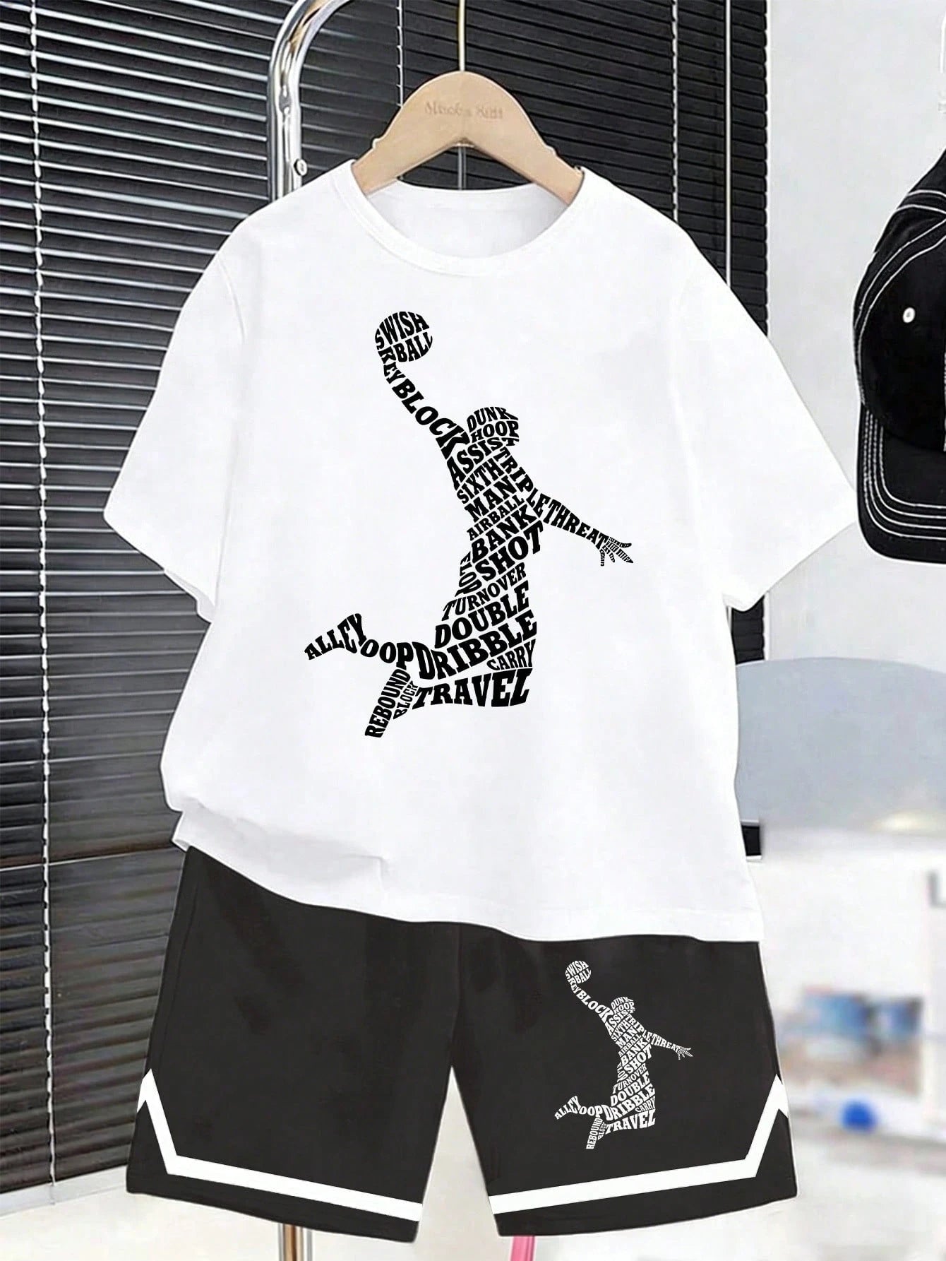 2pcs Big Boys Basketball Typographic Graphic Tee & Shorts Set - Ivo...