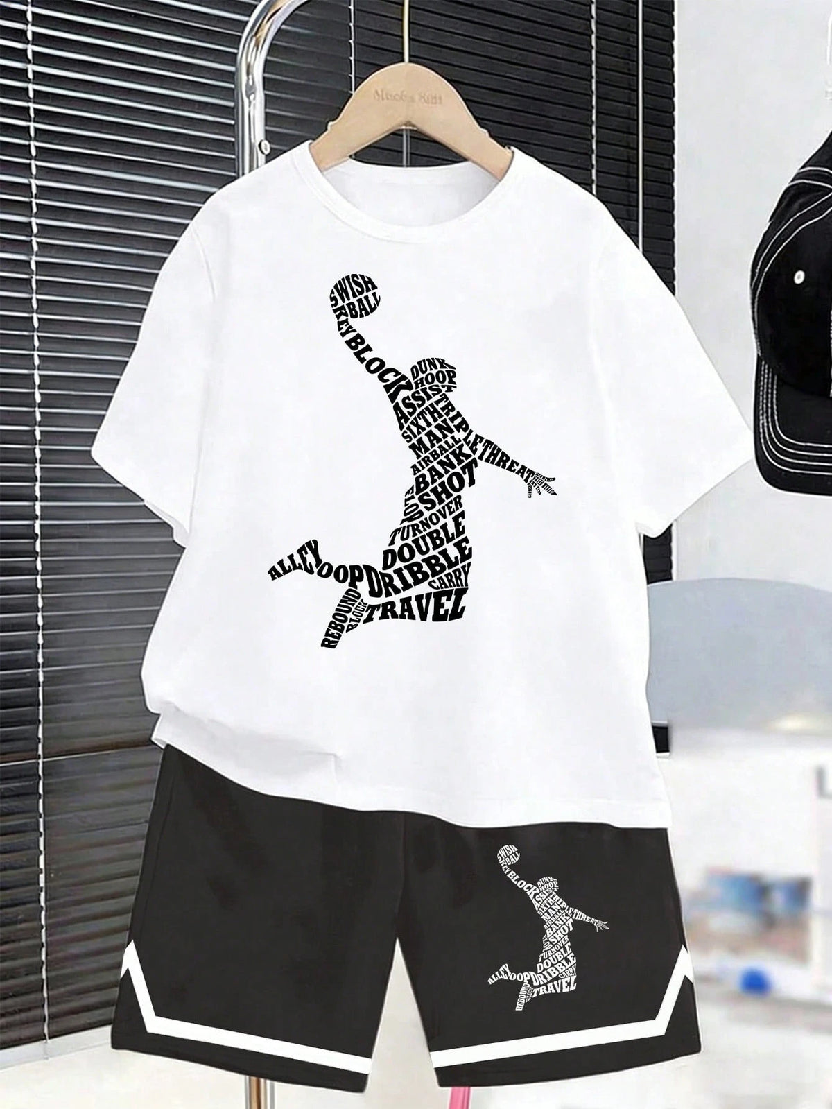 2pcs Big Boys Basketball Typographic Graphic Tee & Shorts Set - Ivo...