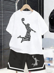 2pcs Big Boys Basketball Typographic Graphic Tee & Shorts Set - Ivo...