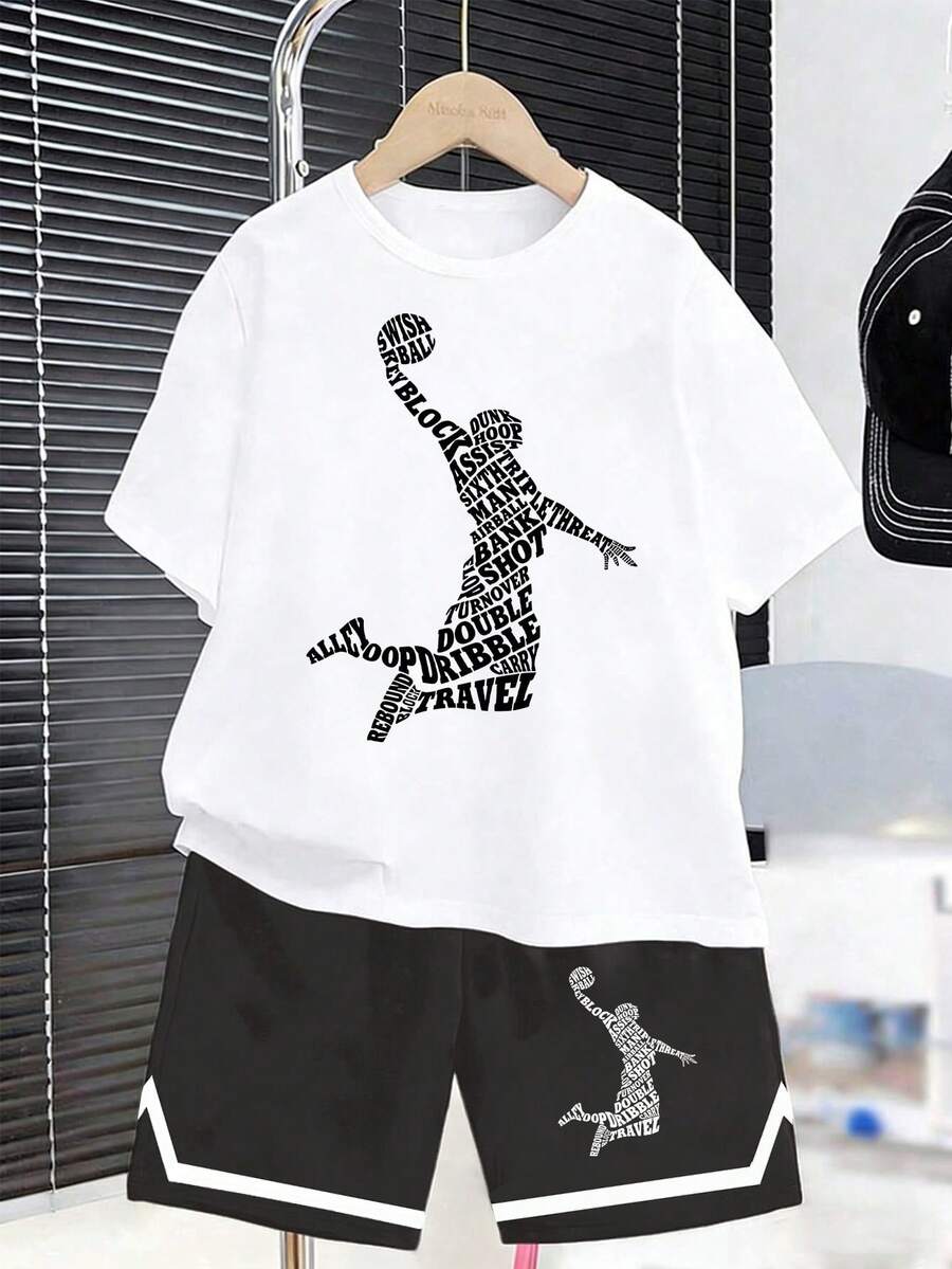 2pcs Big Boys Basketball Typographic Graphic Tee & Shorts Set - Ivo...