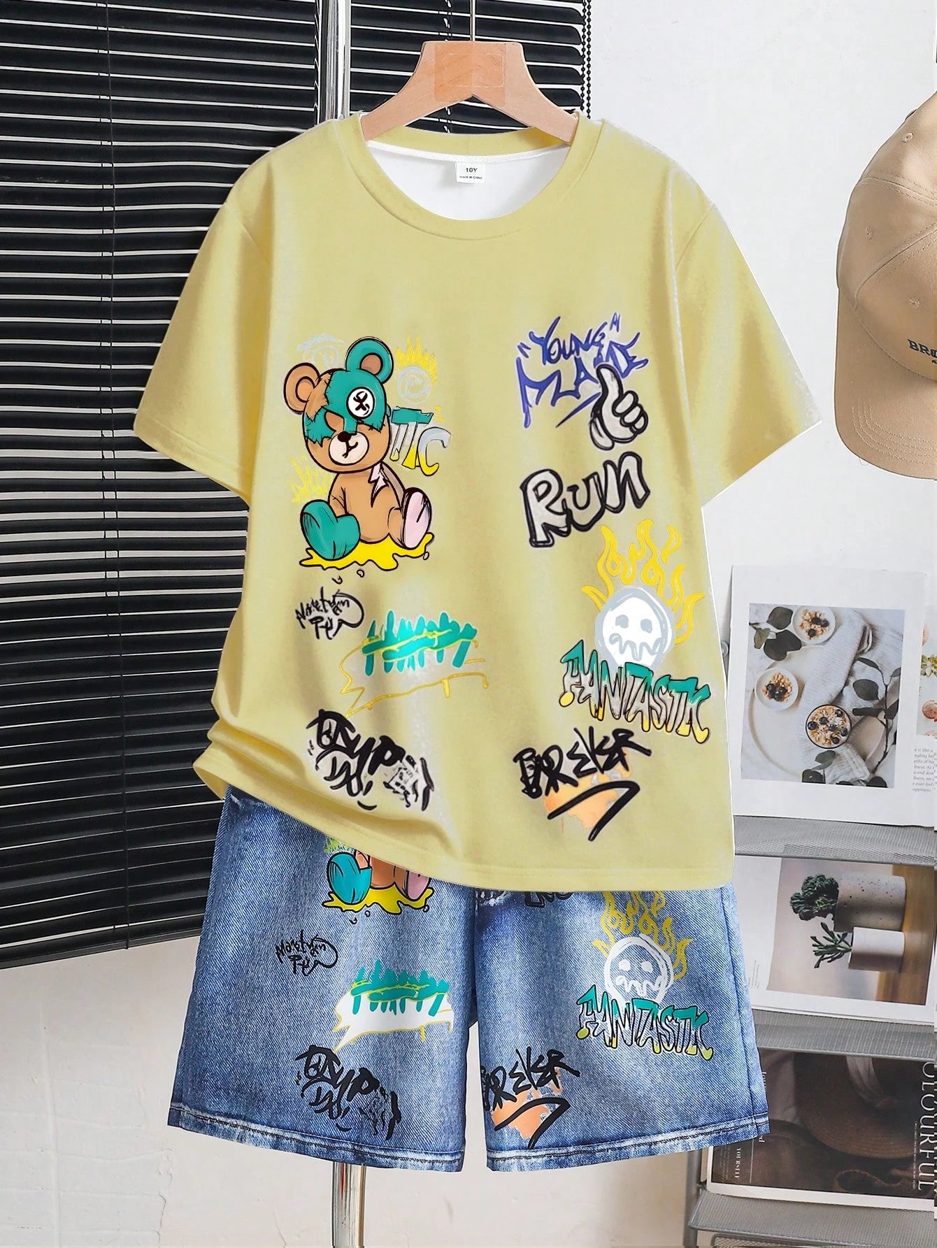 2pcs Boys Graffiti Bear Graphic Tee & Denim Shorts Set - Buttercup ...