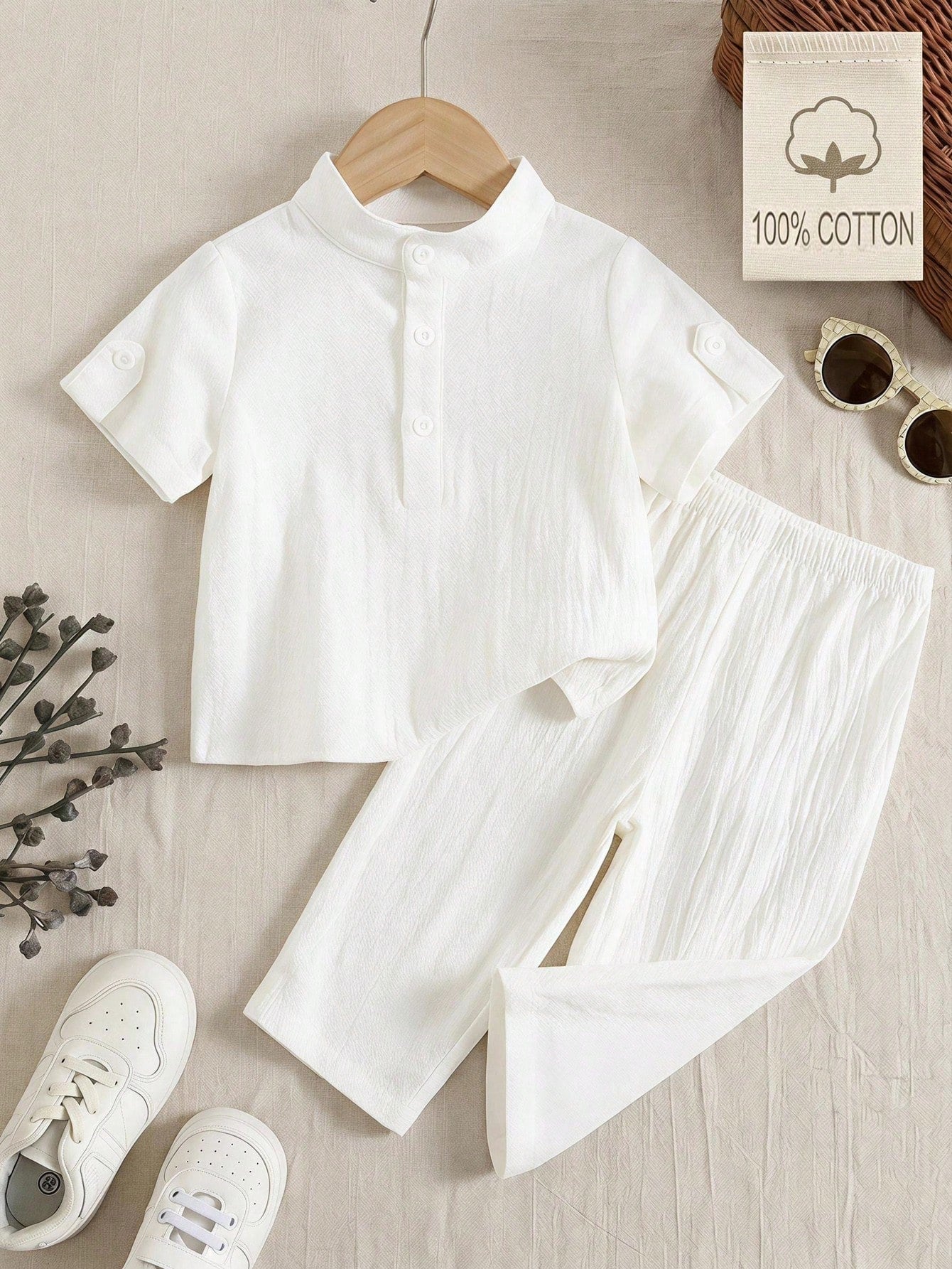 2pcs Unisex Cotton Henley Shirt & Trousers Set - Ivory | 21 Century...