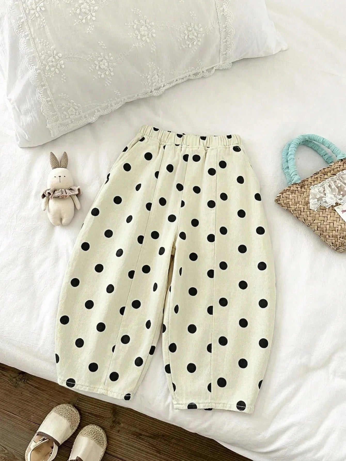 Little Girls Polka Dot Wide-Leg Denim Trousers - Ecru | 21 Century ...