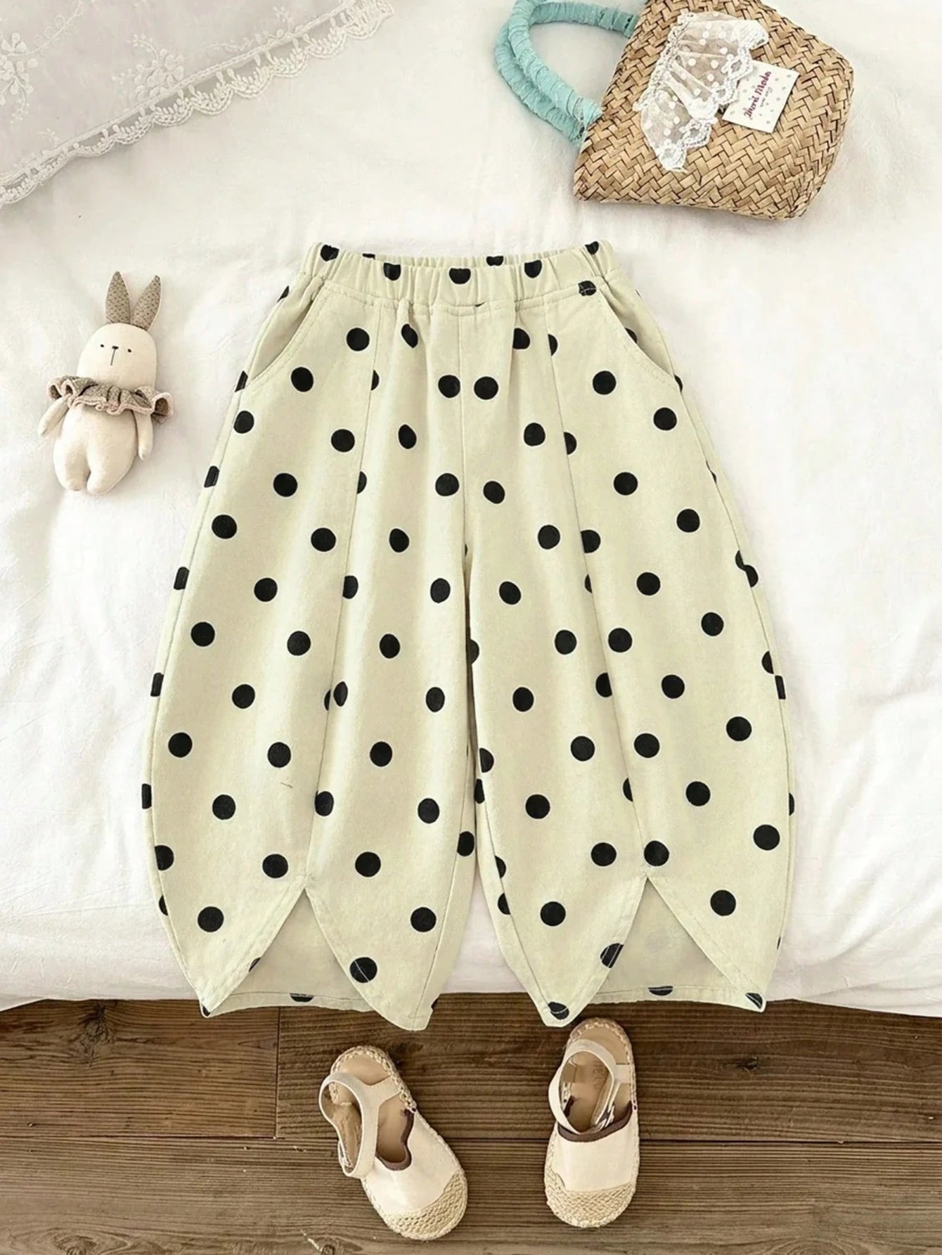 Little Girls Polka Dot Wide-Leg Denim Trousers - Ecru | 21 Century ...