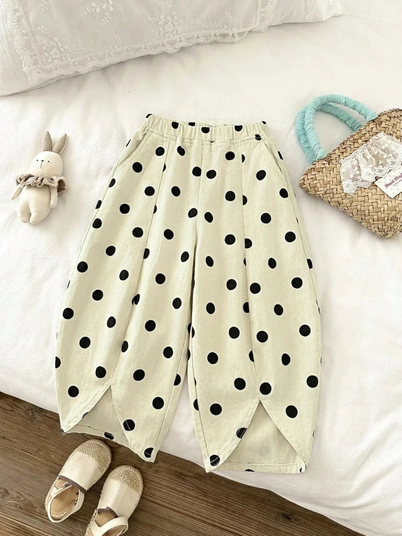 Little Girls Polka Dot Wide-Leg Denim Trousers - Ecru | 21 Century ...