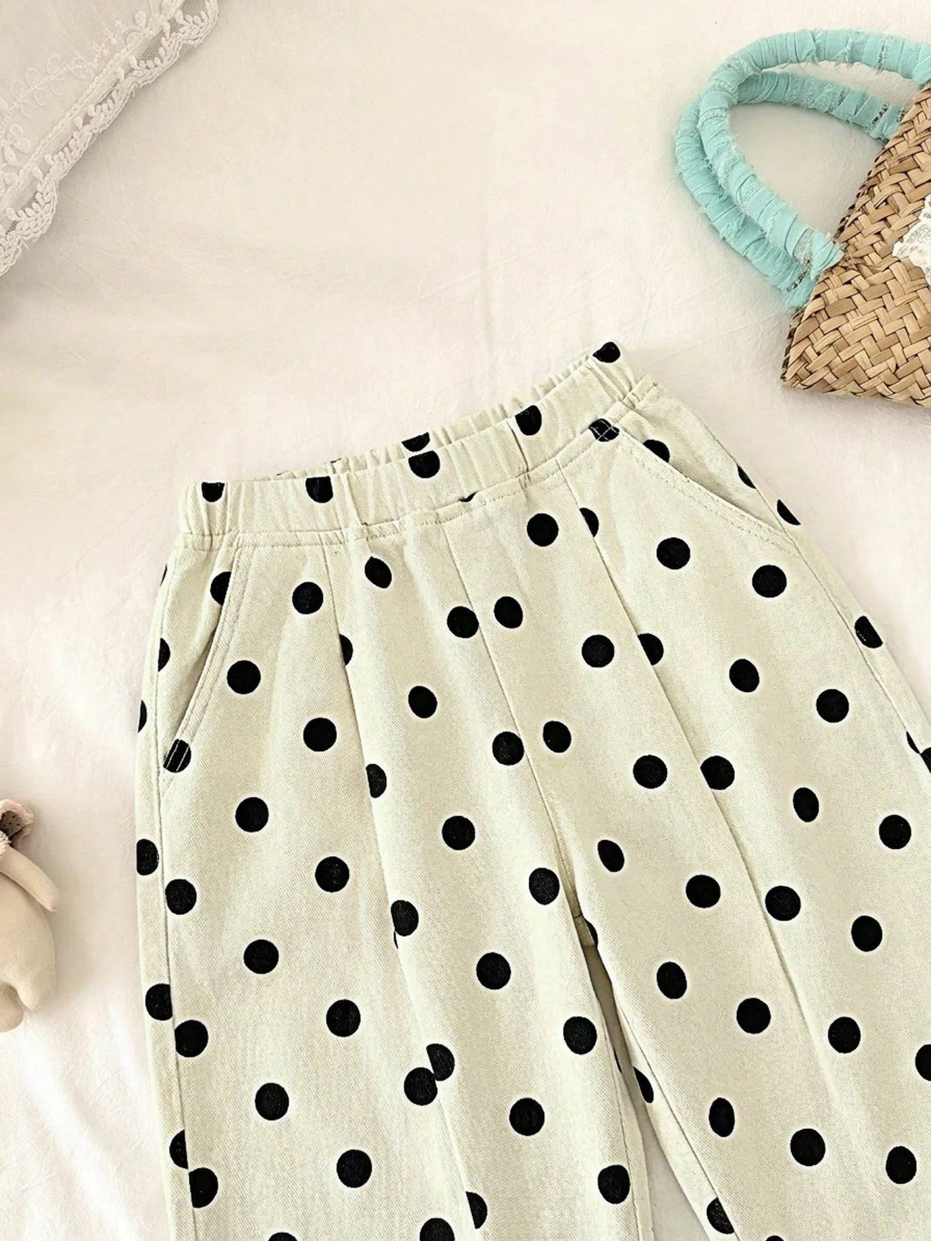 Little Girls Polka Dot Wide-Leg Denim Trousers - Ecru | 21 Century ...