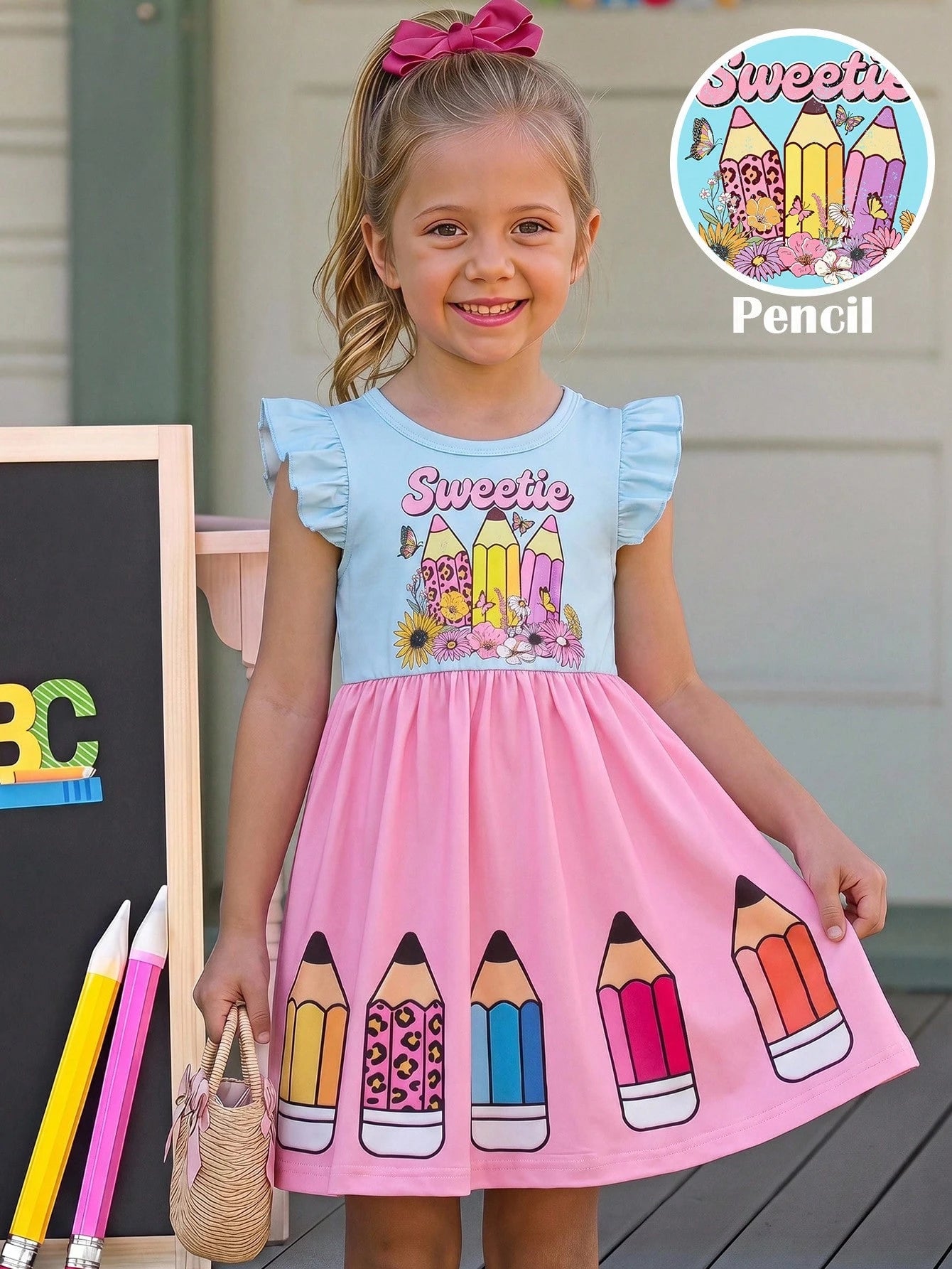 Little Girls Pencil Print Flutter Sleeve Twirl Dress - Blush | 21 C...