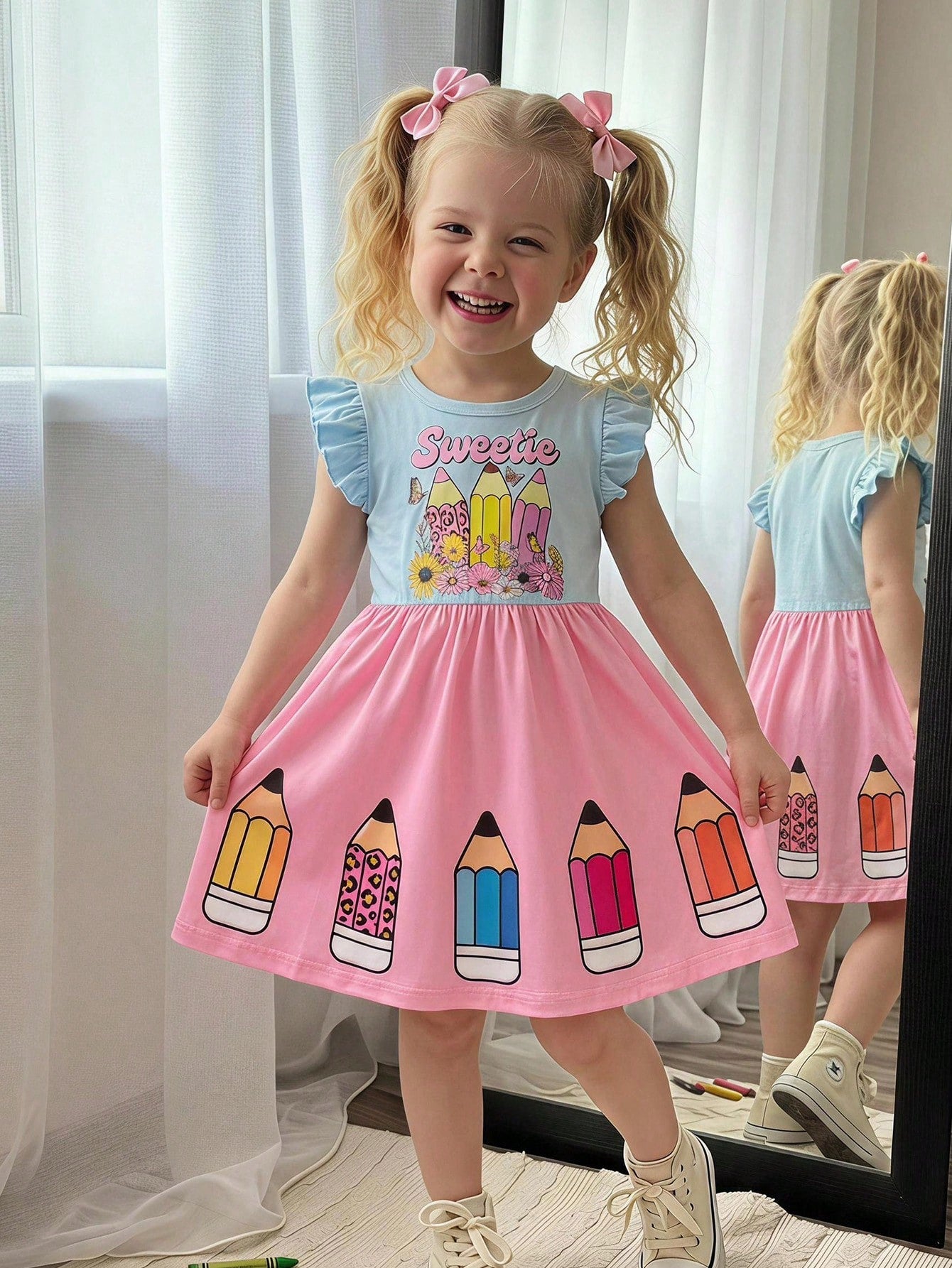 Little Girls Pencil Print Flutter Sleeve Twirl Dress - Blush | 21 C...