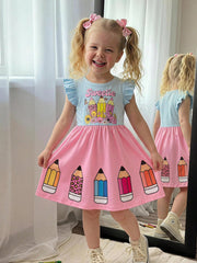 Little Girls Pencil Print Flutter Sleeve Twirl Dress - Blush | 21 C...