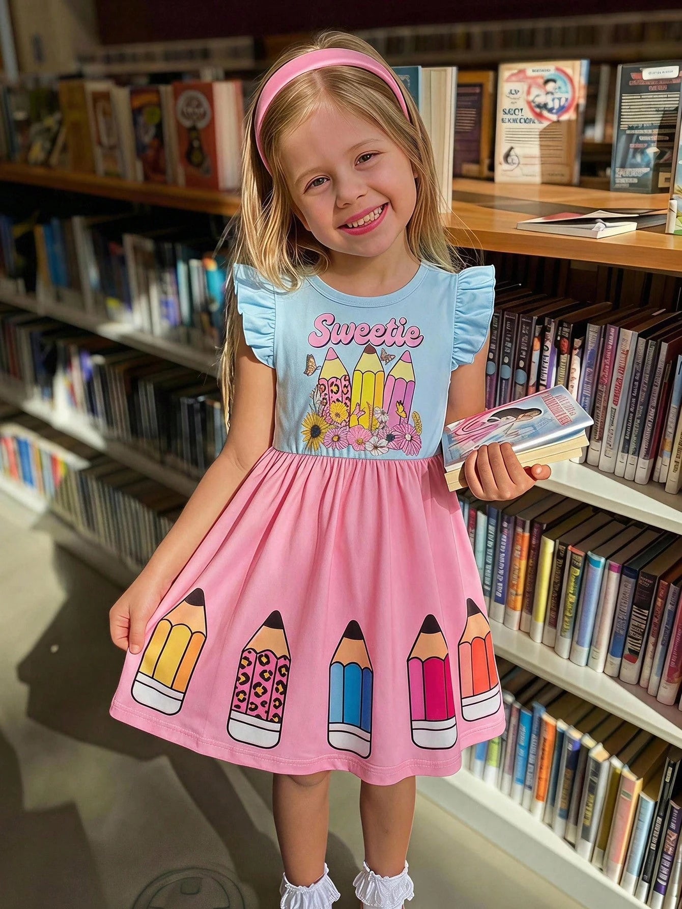 Little Girls Pencil Print Flutter Sleeve Twirl Dress - Blush | 21 C...