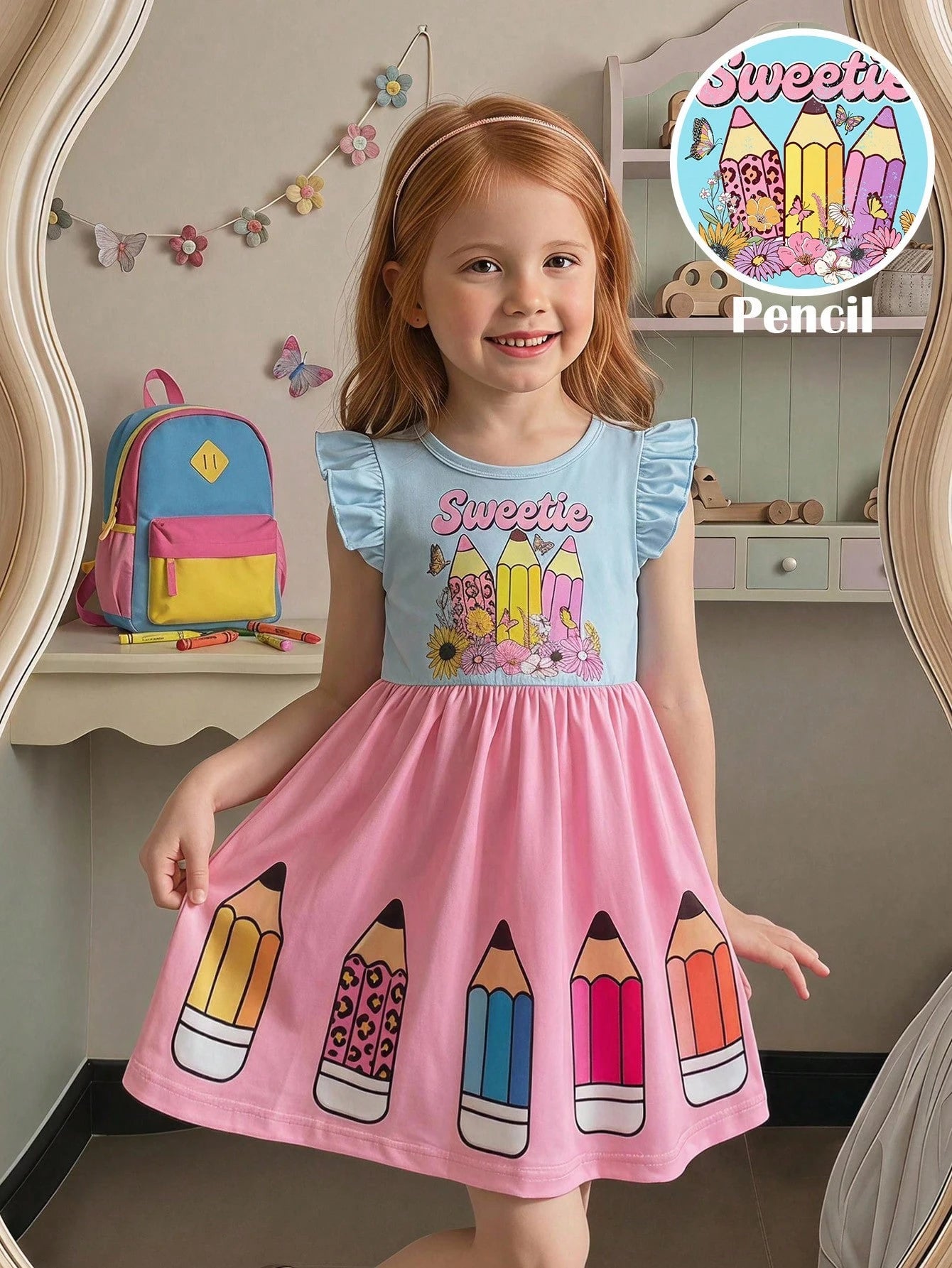 Little Girls Pencil Print Flutter Sleeve Twirl Dress - Blush | 21 C...
