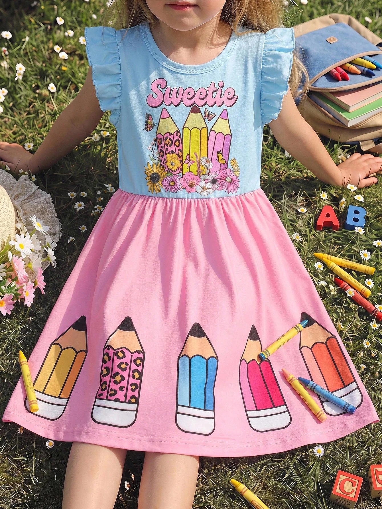 Little Girls Pencil Print Flutter Sleeve Twirl Dress - Blush | 21 C...