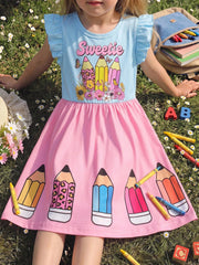 Little Girls Pencil Print Flutter Sleeve Twirl Dress - Blush | 21 C...