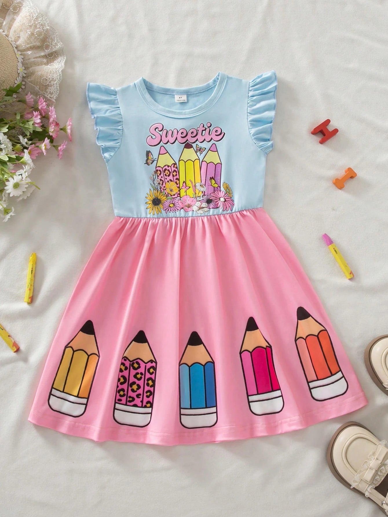 Little Girls Pencil Print Flutter Sleeve Twirl Dress - Blush | 21 C...